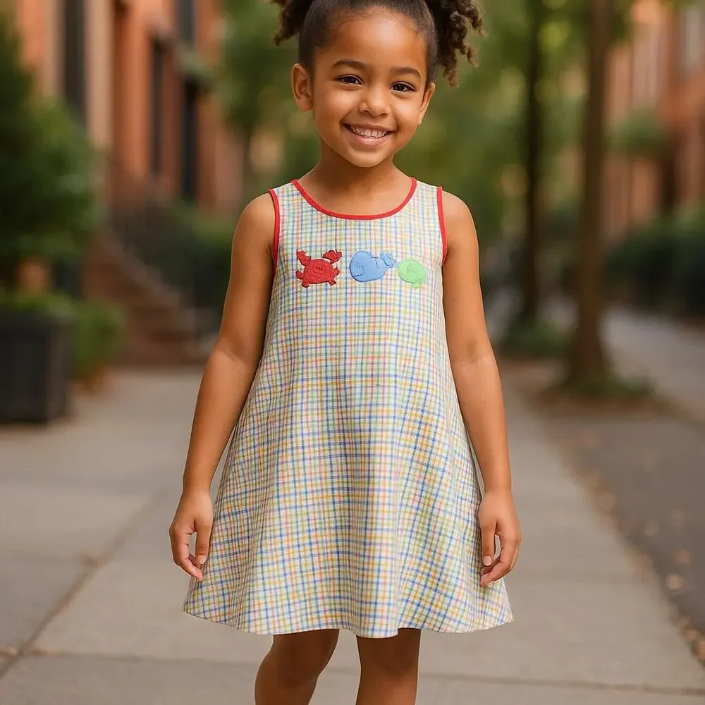 Glorimont Girls Dress Sz 4T Sleeveless Jumper Plaid Red Blue Green Sea Life Crab